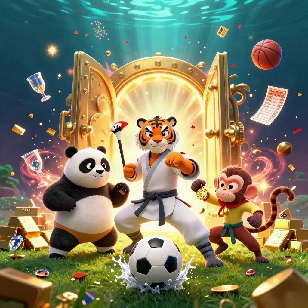 Low-angle tiger, panda, and monkey around a soccer ball amid gold and neon casino energy.