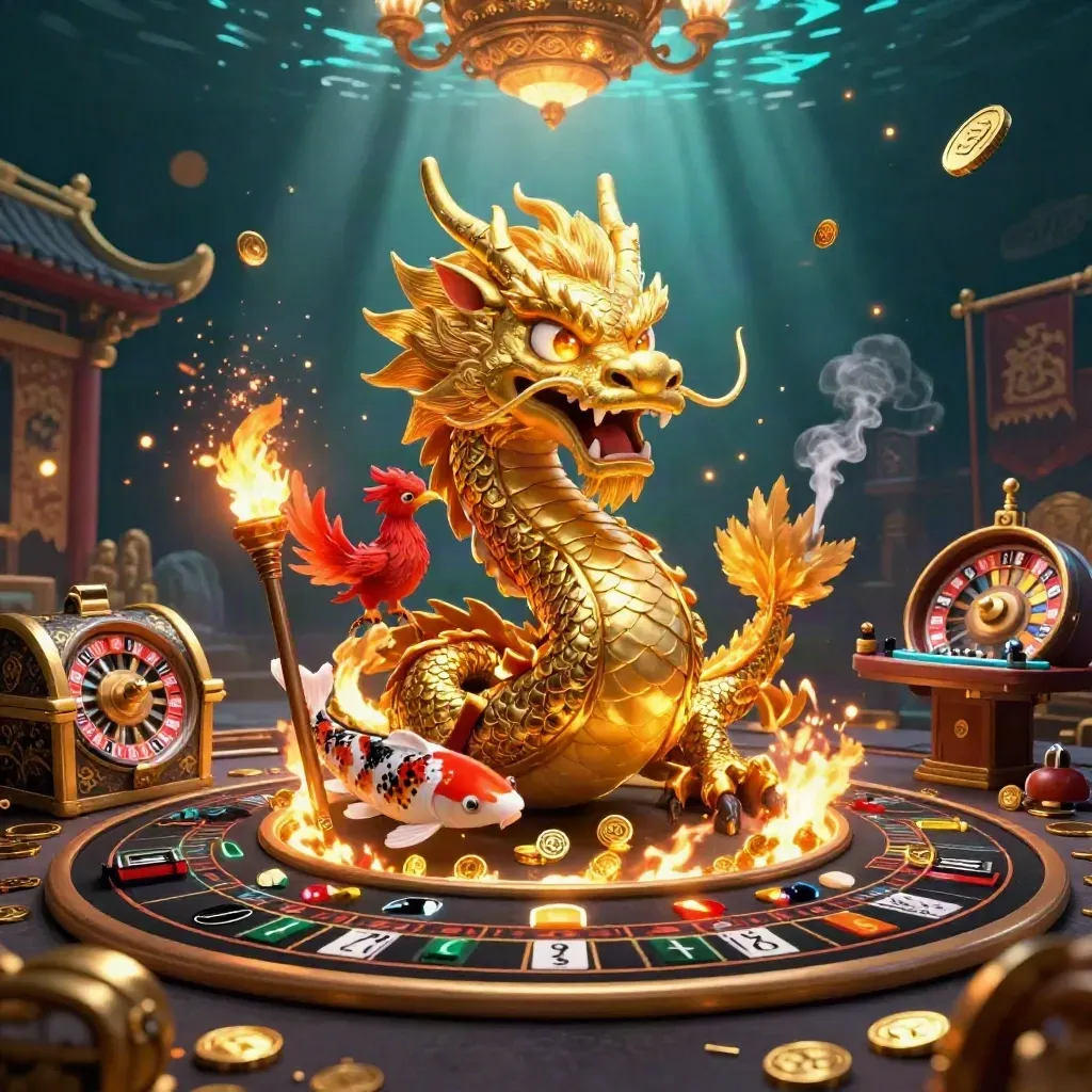 Golden dragon, phoenix, and koi amid casino luxuries, coins, temple gate, and glowing lights