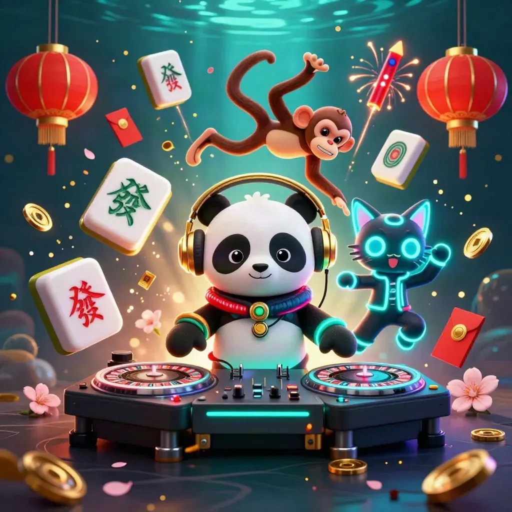 DJ panda, breakdancing monkey, and glow-stick kitten amid casino-themed bursts underwater.