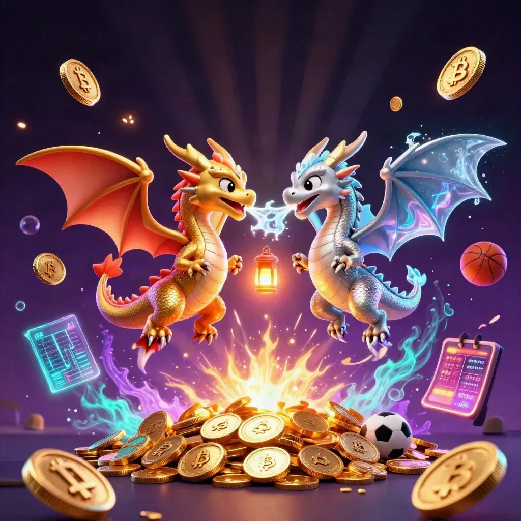 Twin gold and silver dragons with fire and ice, neon coins, vault burst, and casino effects.